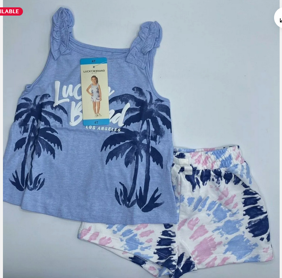 Lucky Brand Girls 2-Piece Short Set Palm Trees (Blue Tie Dye ,4T)NWT