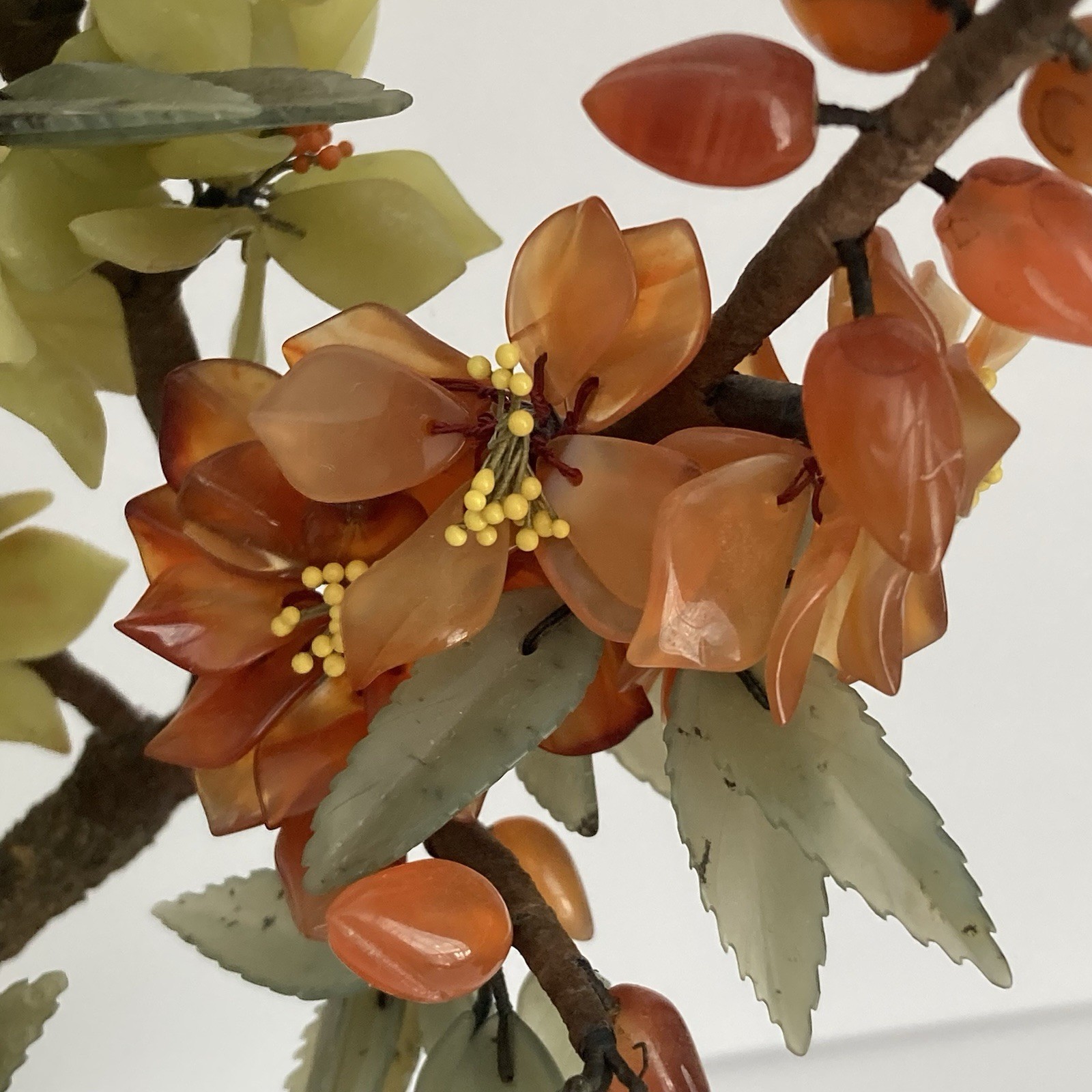 Pair Antique Chinese Jade Bonsai Tree in Cloisonne Pot w Amethyst Carnelian VTG