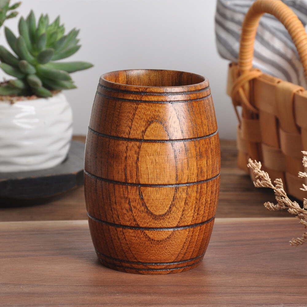 Wooden Barrel Shaped Beer Mug Classical Natural Solid Wood Drinking Cup