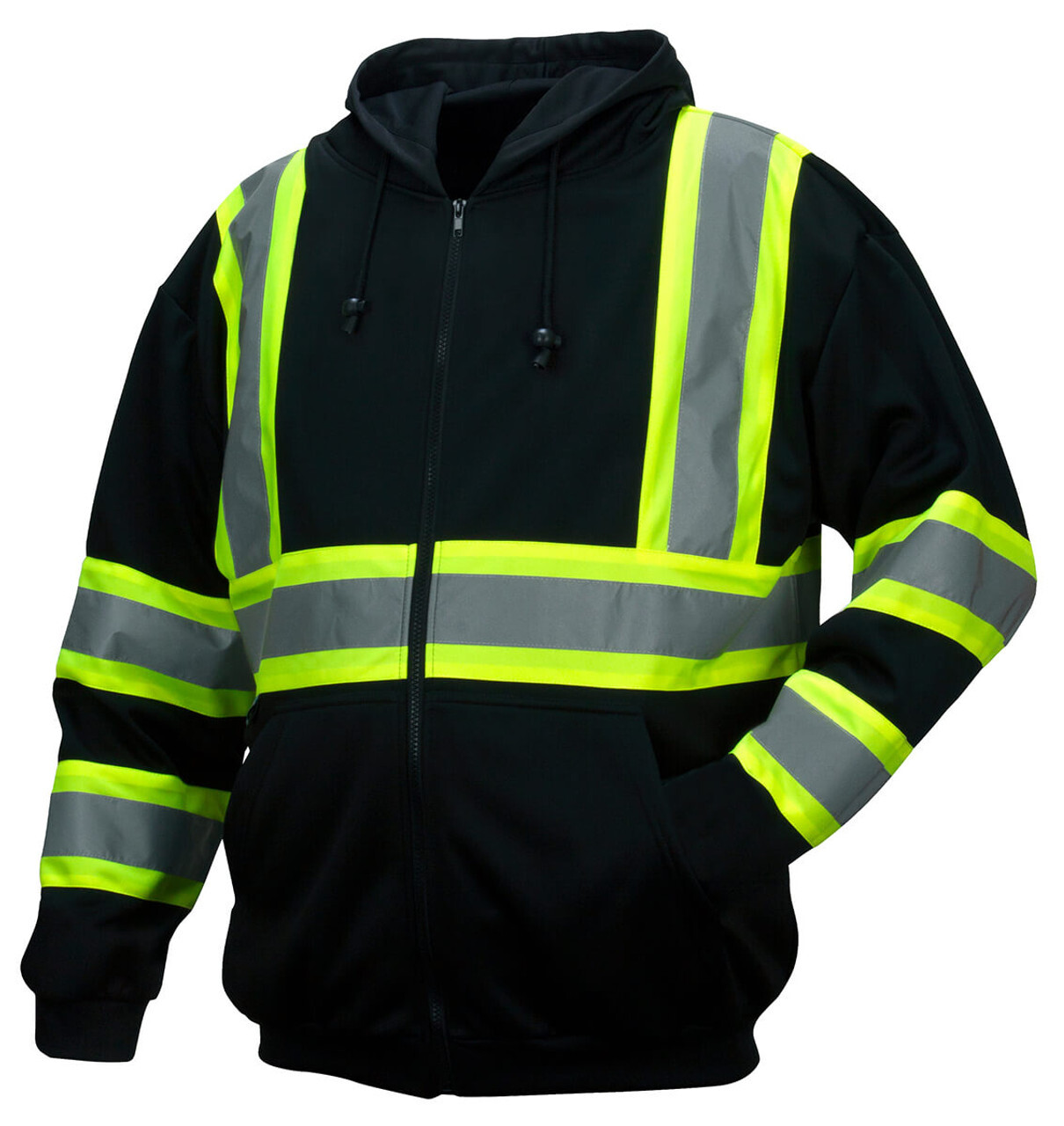BLACK HI VIS ANSI REFLECTIVE ROAD WORK ZIP UP HOODED FLEECE HOODIE SWEATSHIRT