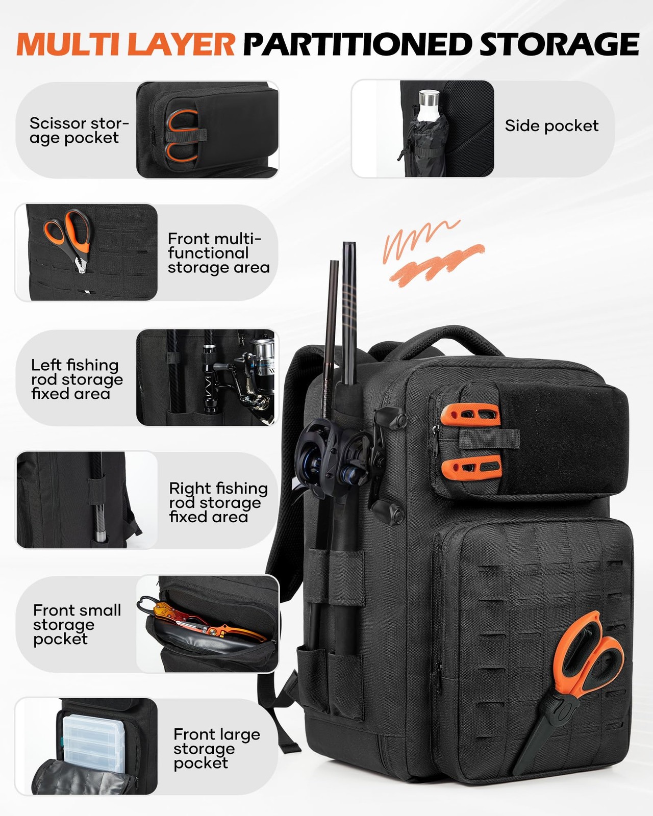 Fishing Tackle Backpack With Rod Holder, 50L Large Water-resistant Tackle Bag...