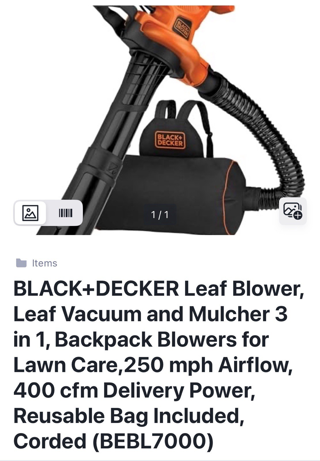 BLACK+DECKER BEBL7000 3-in-1 VACPACK 12A Leaf Blower/Vacuum/Mulcher-Black/Orange