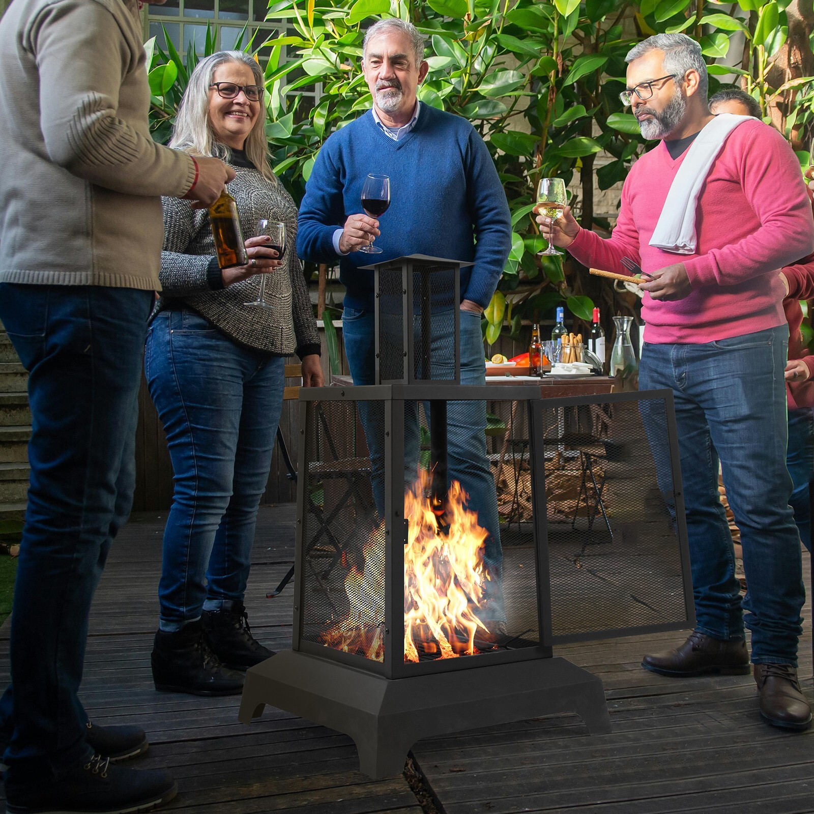 43'' High Fire Pit Outdoor Wood Burning Firepit Chimineas Fire Bowl w/Mesh Spark