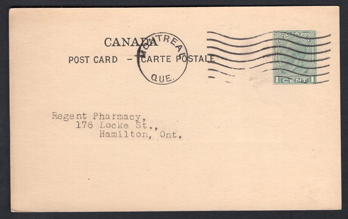 CANADA Montreal 1930s Abbott Medical Adverting Postal Card to Hamilton Pharmacy