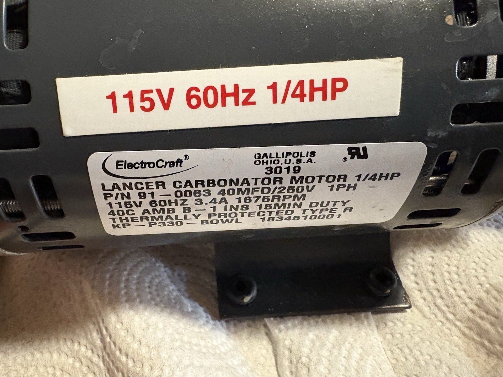 Electrocraft /lancer Carbonator Motor . Please Read