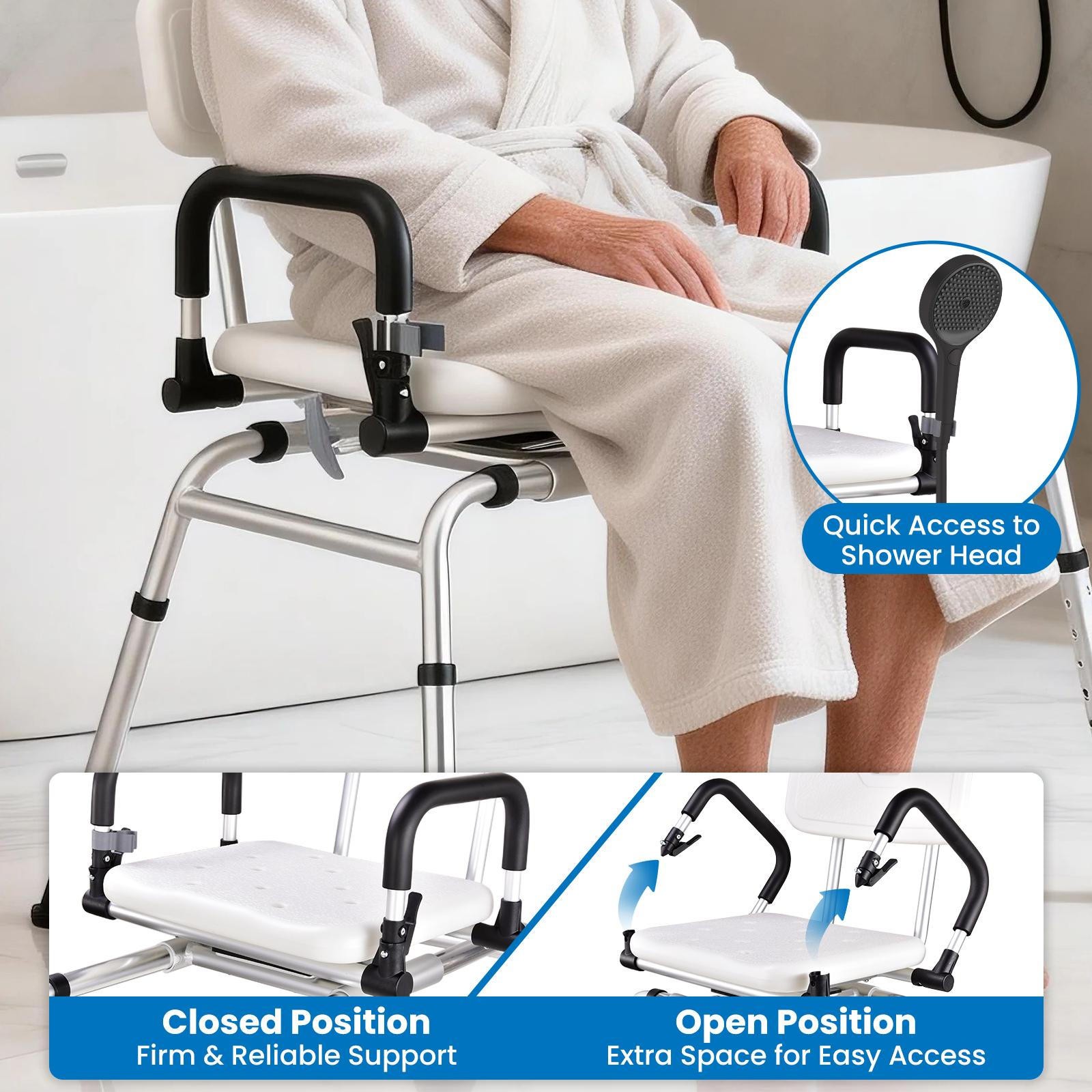 Sliding Tub Transfer Bench Shower Chair with 360° Swivel Seat