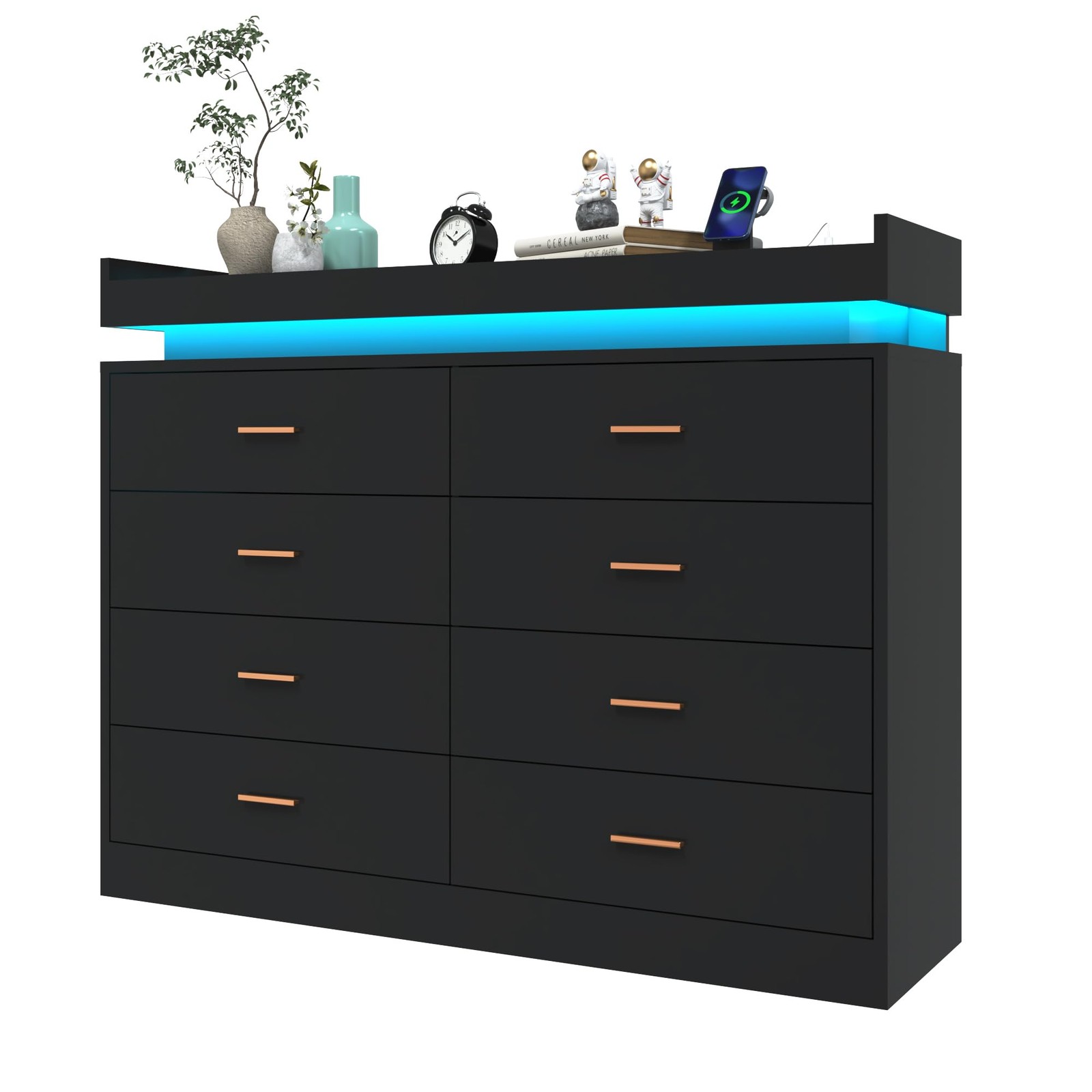 8 Drawer Dresser with LED Light and Charging Station, Modern Chest of Drawers