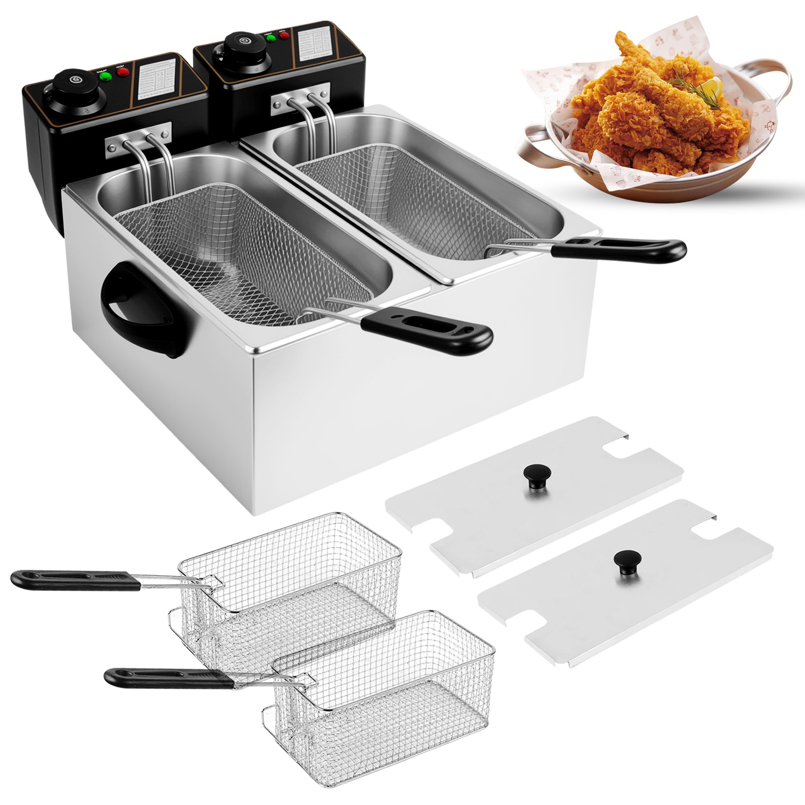8L Electric Deep Fryer Dual Tank Commercial Restaurant Countertop 5000W With Lid
