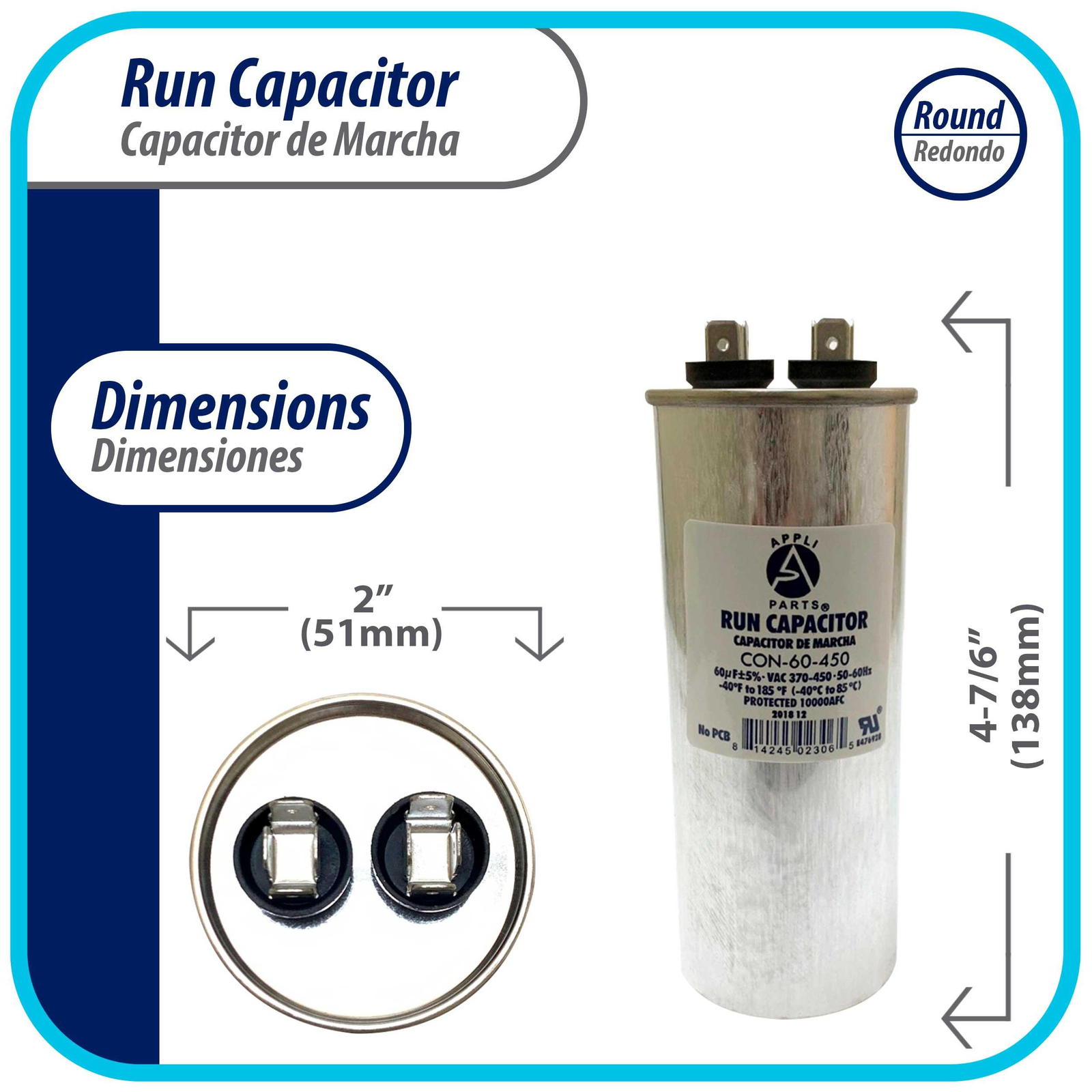 Appli Parts Run Capacitor for ac 60 Mfd uF (microfarads) 370 VAC or 450 VAC CBB6