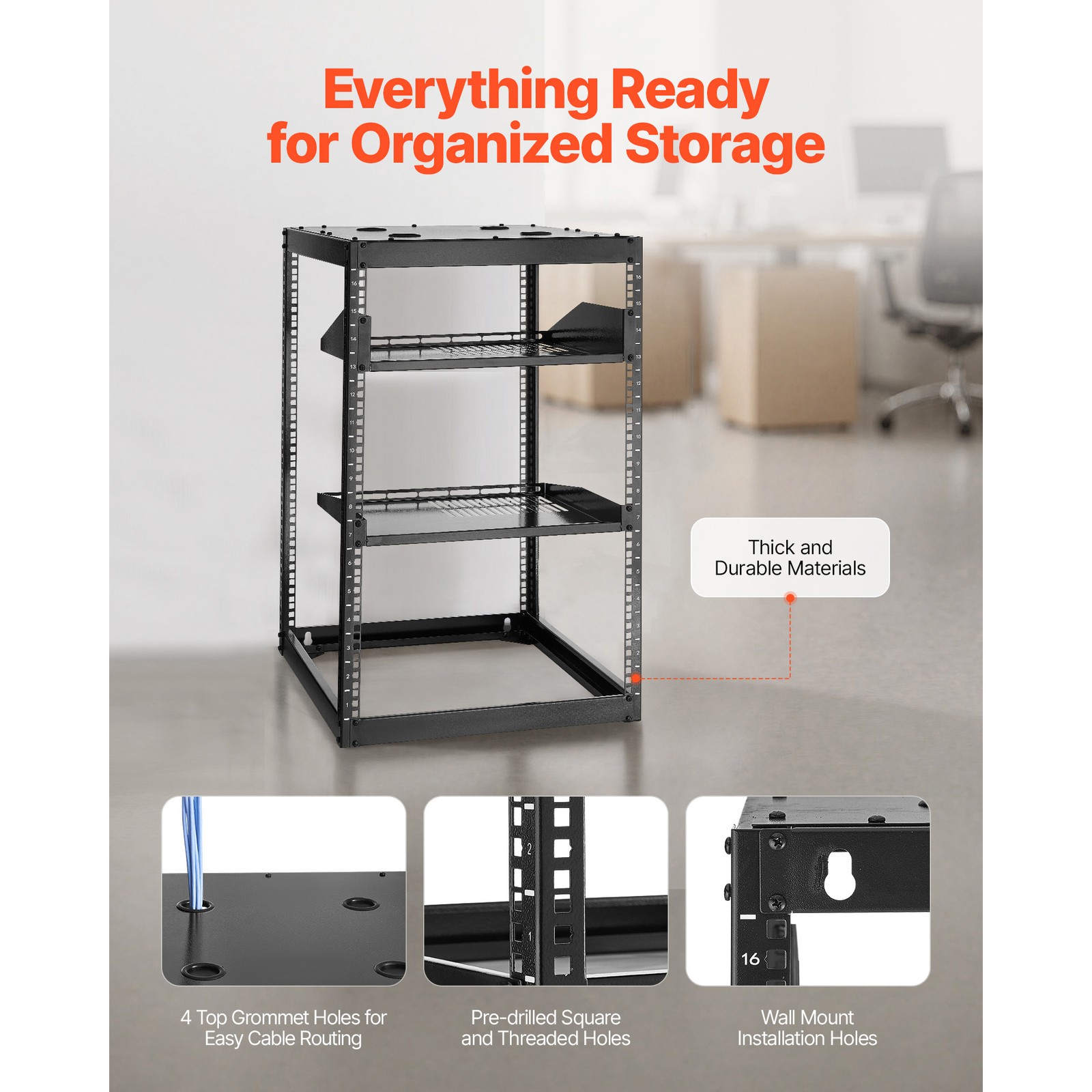 Uimoso 16U Open Frame Wall-Mount Server Rack with Shelves and 4-Post Design