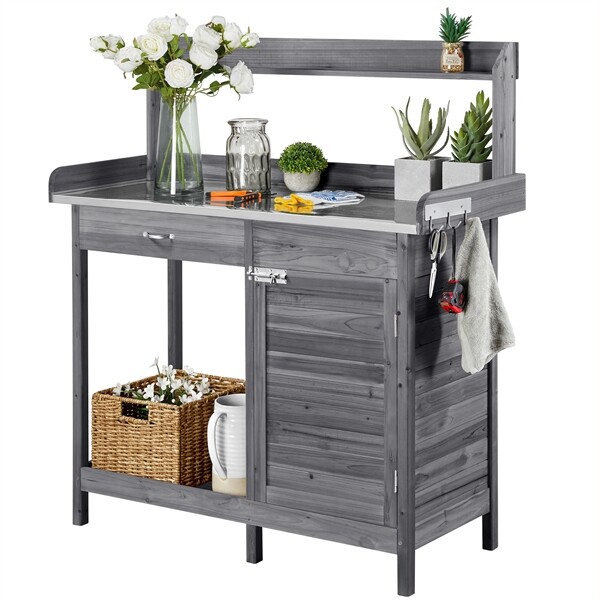 Garden Potting Bench Outdoor Table Work Bench Metal Tabletop W/Cabinet Drawer