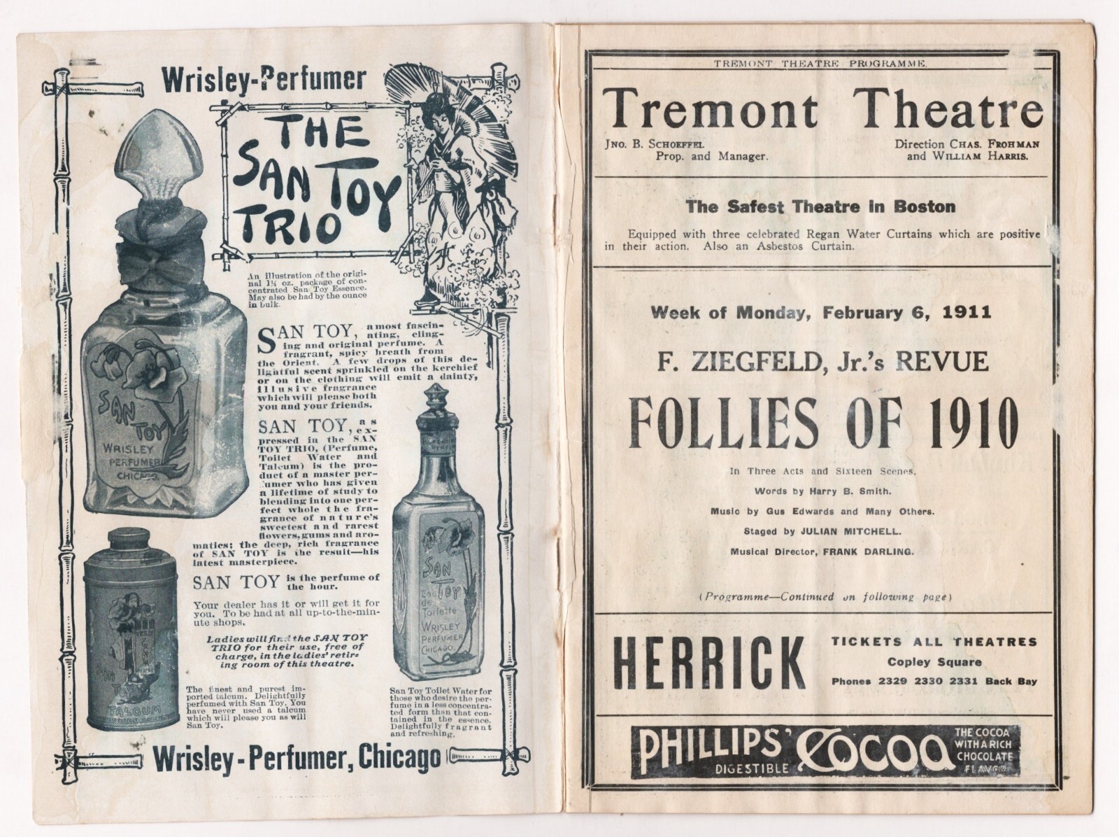 Fanny Brice (Debut) "ZIEGFELD FOLLIES of 1910" Bert Williams 1911 Boston Program