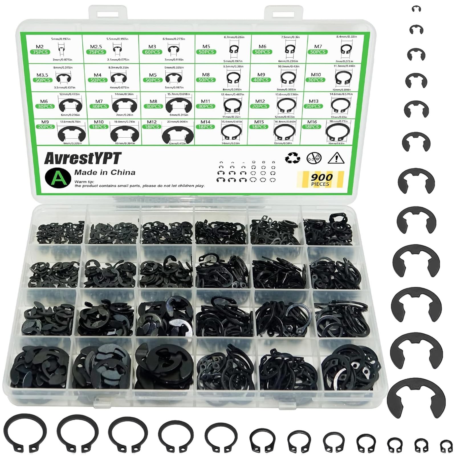 900Pcs C Clips Assortment (M5-M16) and E Black Size:900Pcs