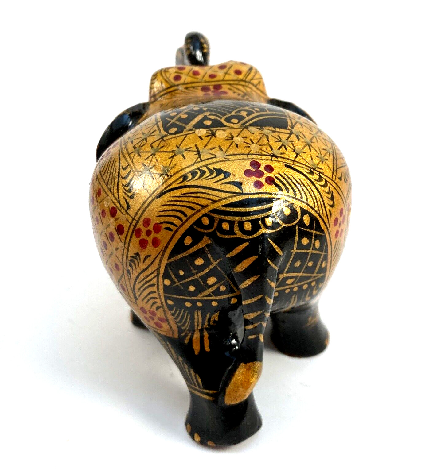 Wooden Trunk Up Elephant Figure Handpainted Gold Highlight Designs MISSING TUSKS