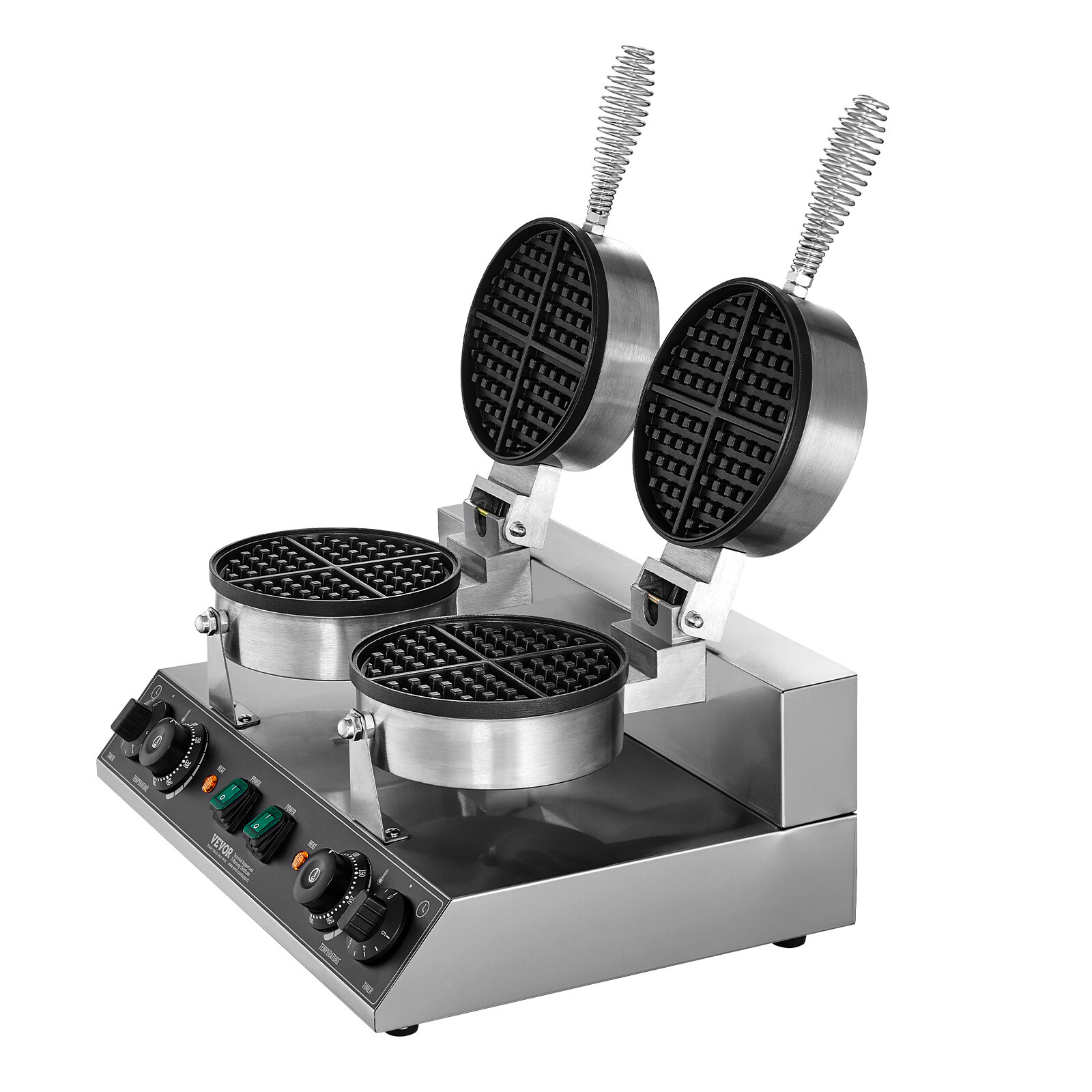 VEVOR Commercial Waffle Maker Dual-Head Round Waffle Iron 2460W Non-Stick