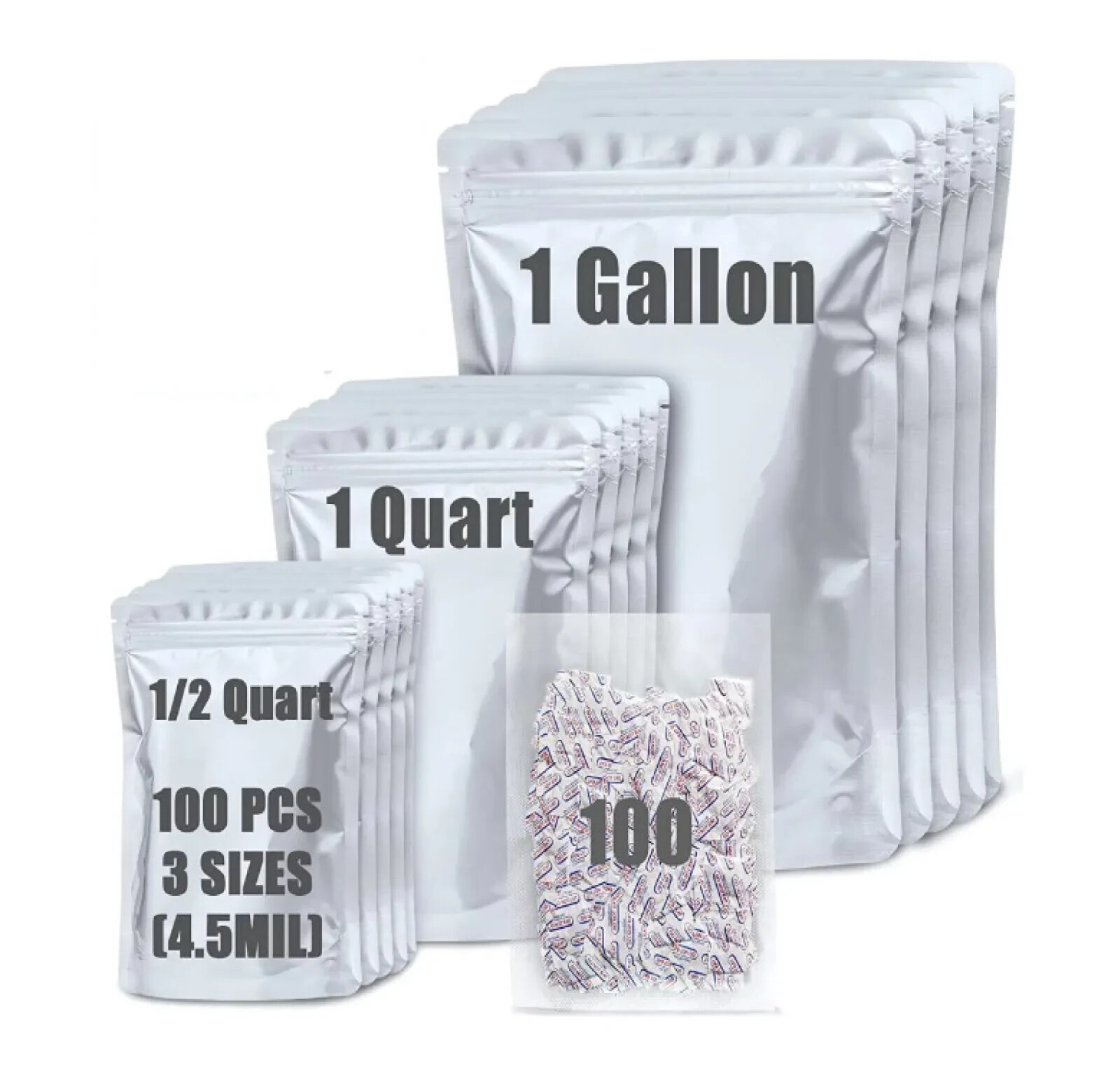 100 Pack Mylar Bags for Food Storage with 100x300cc Oxygen Absorbers