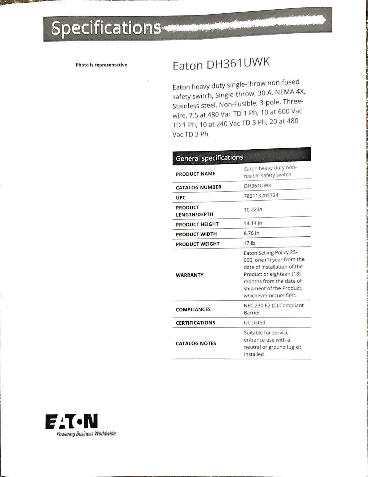 EATON DH361UWK Heavy Duty Single-Throw Non-Fused Safety Switch, 30A, NEMA 4X