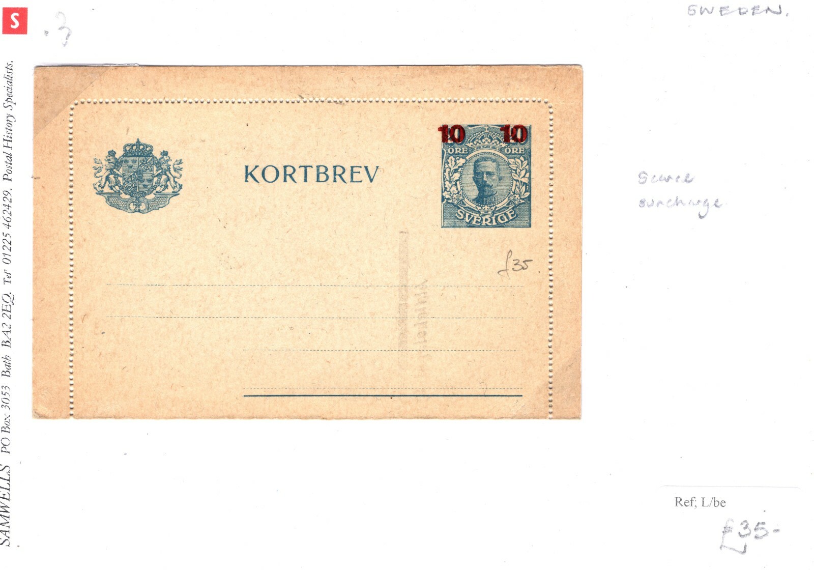 SWEDEN Stationery Letter-Card *10*/20o Red SURCHARGE Cover Unused {samwells}SS3