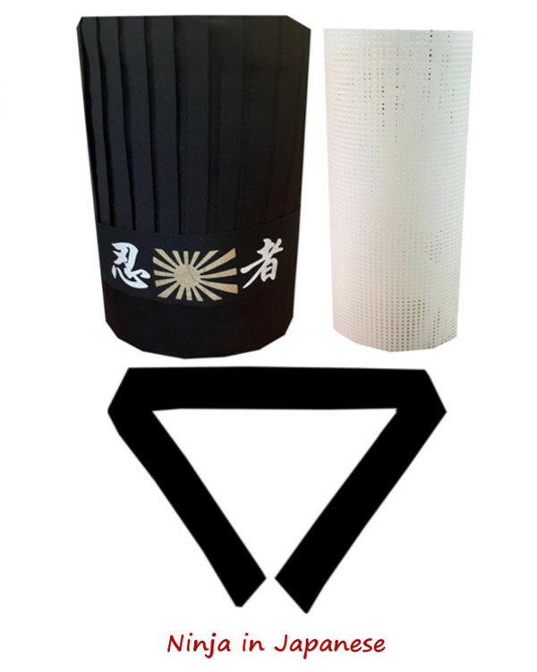Hibachi chef tall hat set, hibachi chef hat set, Ninja headband, necktie, net