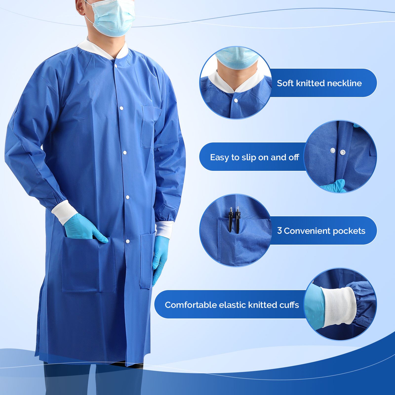 JMU Medical SMS Lab Coats for Adult Disposable Knee Length Lab Jacket 3 Pockets