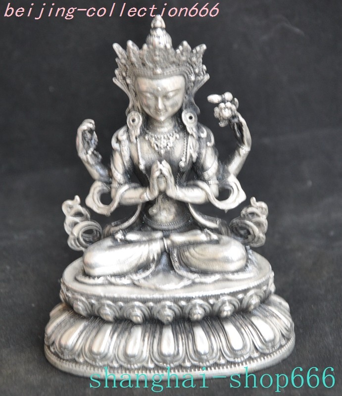 4"China Buddhism Temple Tibetan silver 4 Arms Chenrezig Buddha Statue