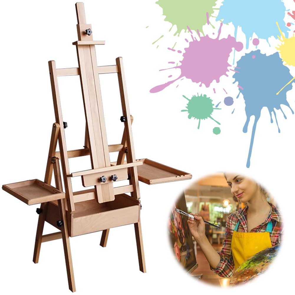 Large Wood H-Frame Easel with Storage Drawer and Palette, Foldable Art Painting