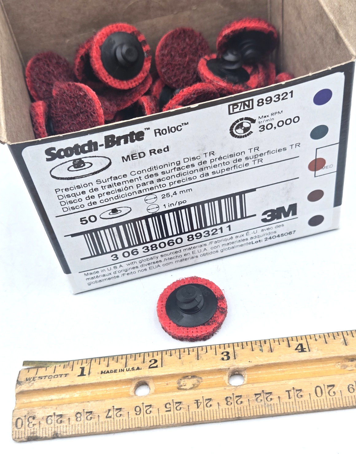 50/Box 3M 1” Scotch-Brite ROLOC 89321 Medium Red Precision Conditioning Disc