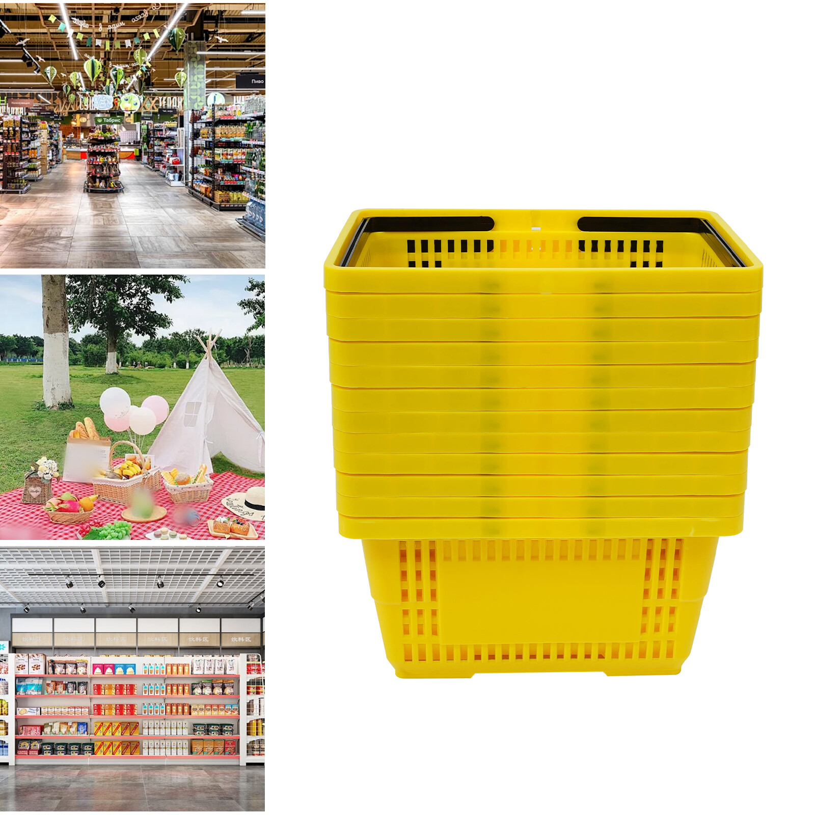 12 Packs 28L Plastic Shopping Baskets with Handles Yellow Store Retail Baskets