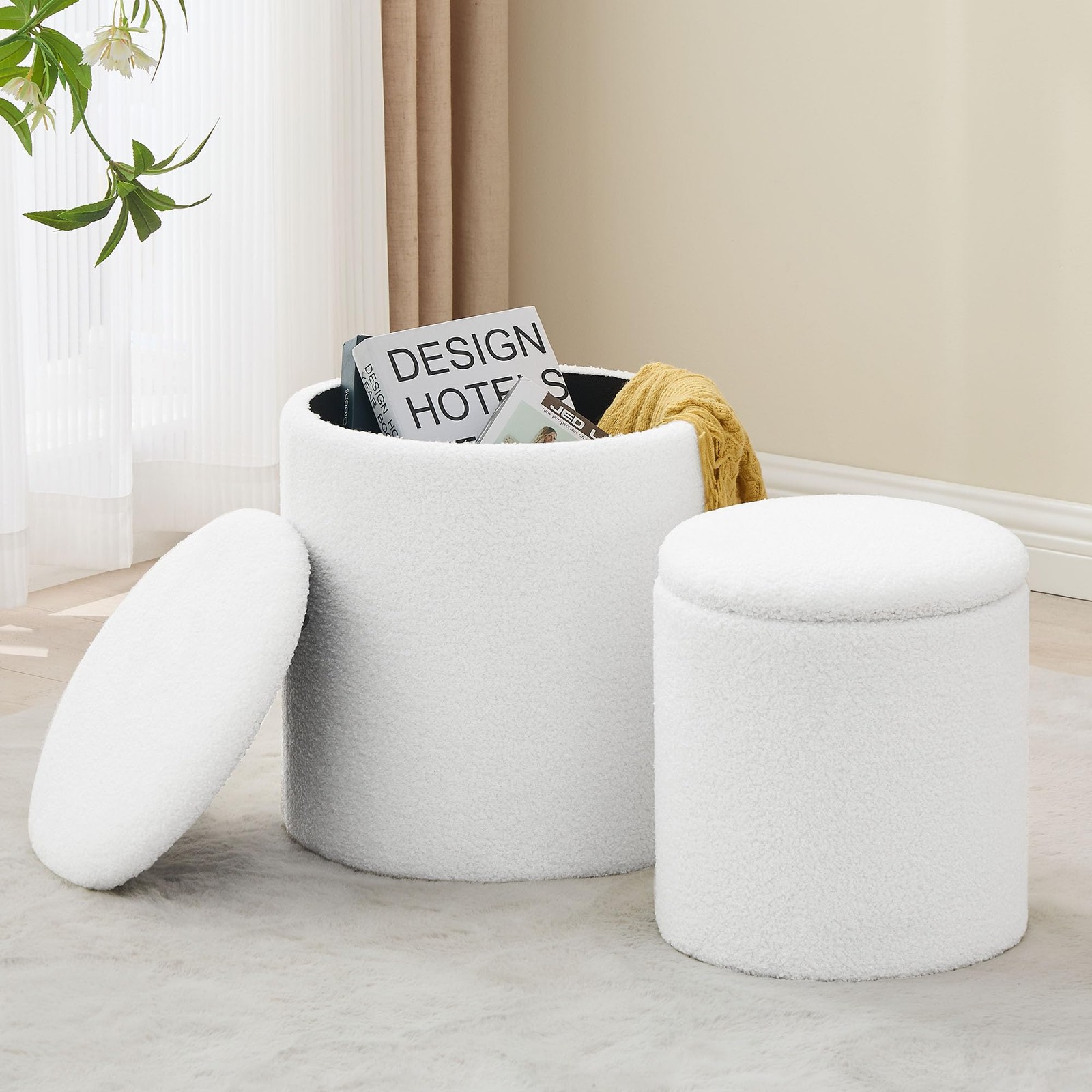 Round Set of 2 Ottoman with Storage, Boucle Storage Ottoman Foot Stool, Soft ...