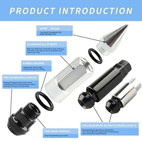 24Pcs Anti Theft Spikes Extended Tuner Wheel/Rims Lug Nut Silver