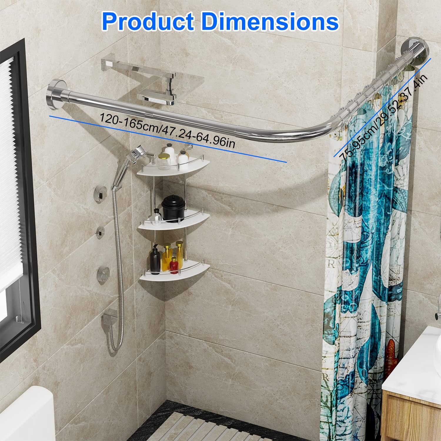 Adjustable Shower Curtain Rod Stainless Steel L Shaped for Bathroom Corner Rack