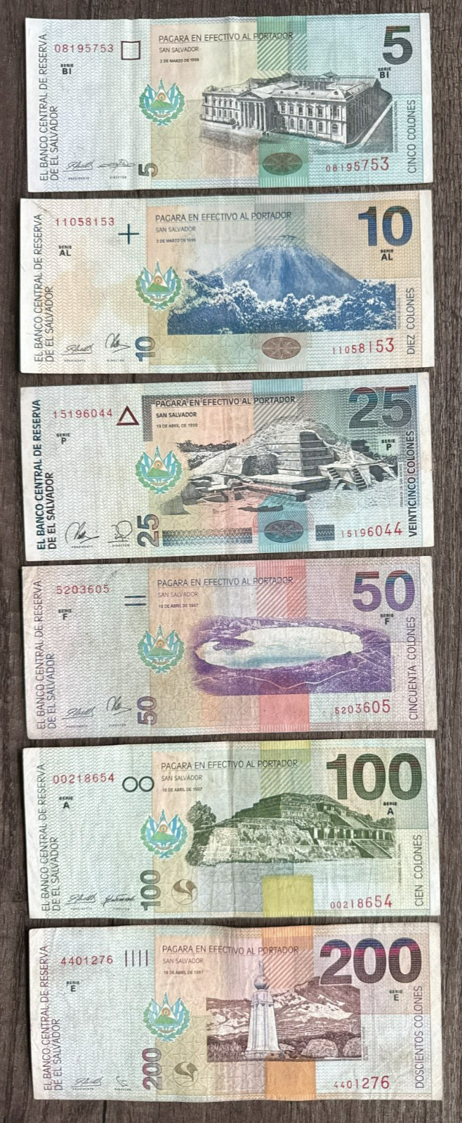 EL SALVADOR COMPLETE 1997 SET THE 1ST YEAR OF THIS DESIGN 5+10+25+50+100+200 COL