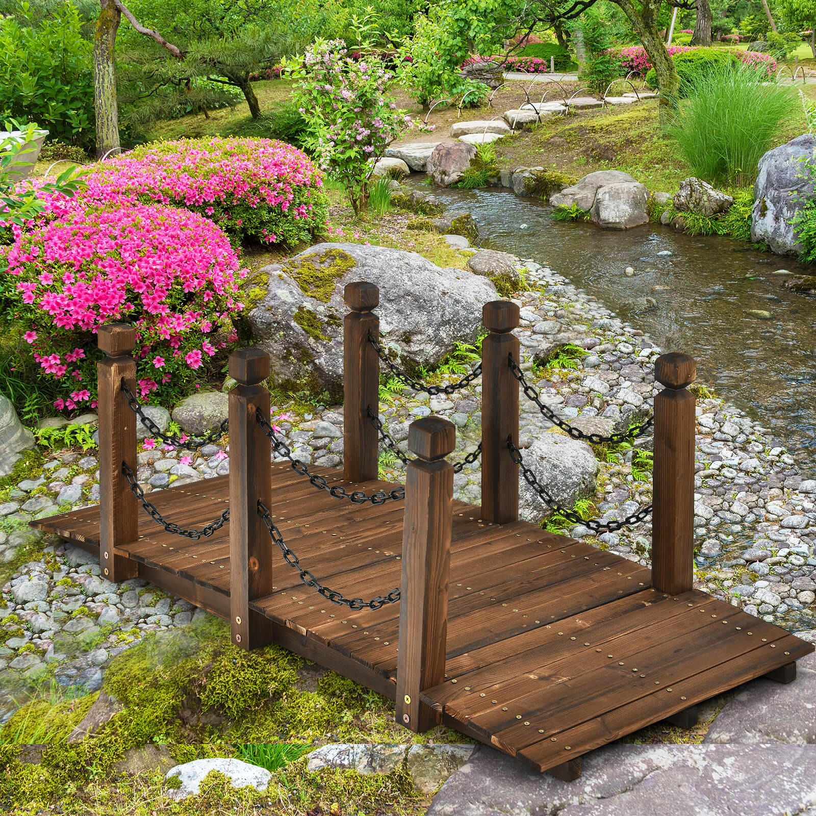 Costway 5 ft Wooden Garden Bridge Arc Footbridge Stained Finish Walkway w/Rails