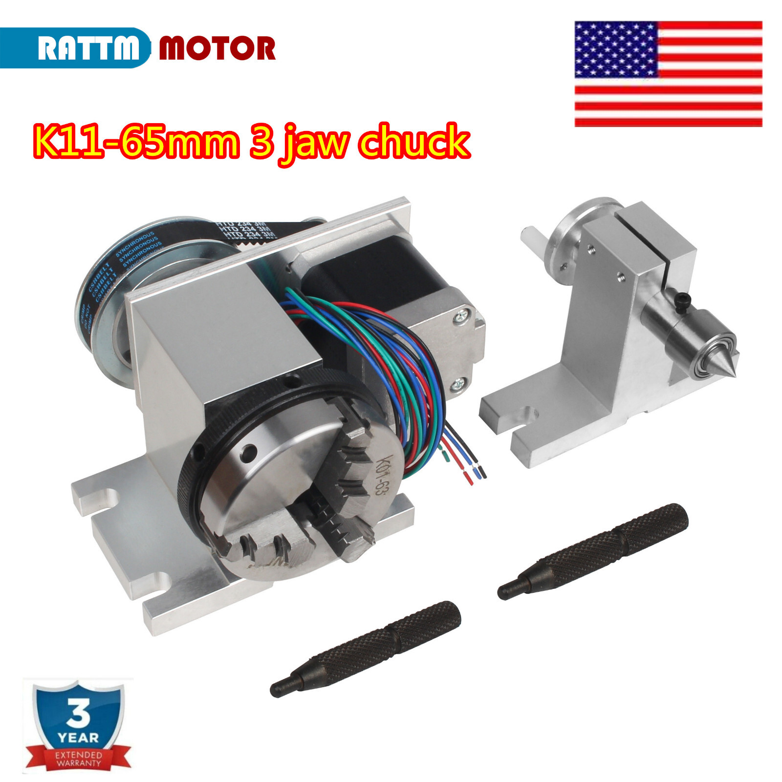 【US】 CNC Router Rotary Table 4:1 Rotation 4th Axis 3 Jaw 65mm Chuck w/ Tailstock