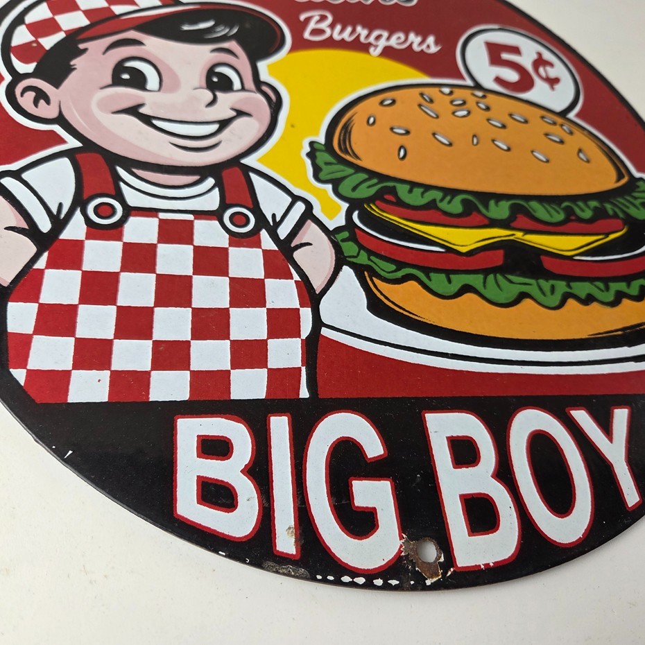 Vintage Big Boy Sign - 5 Cent Frisch's Fast Food Porcelain Gas Pump Sign