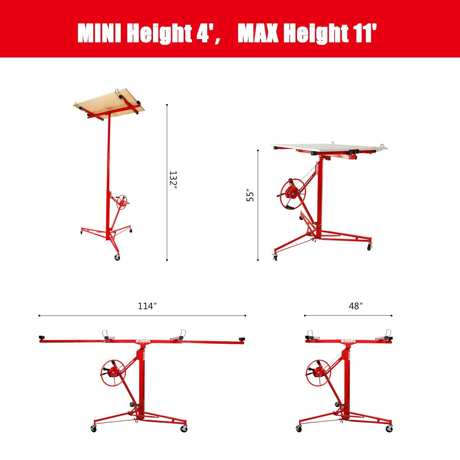 11FT Drywall Lift Panel Hoist Sheetrock Plasterboard Jack Lifter Rolling Tool
