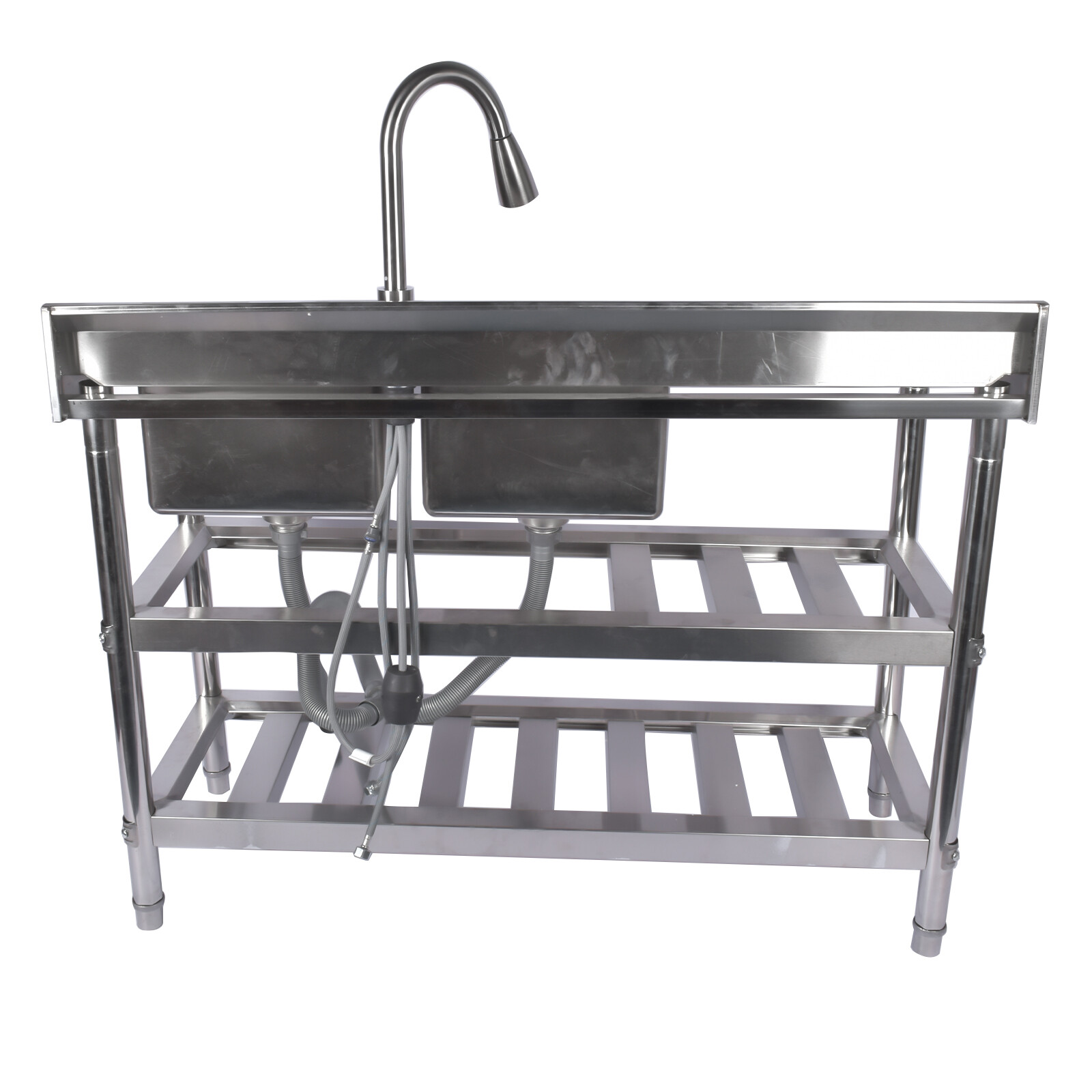 47.2" Stainless Steel Double Bowl Utility Sink with Pull-Out Faucet & Drainboard