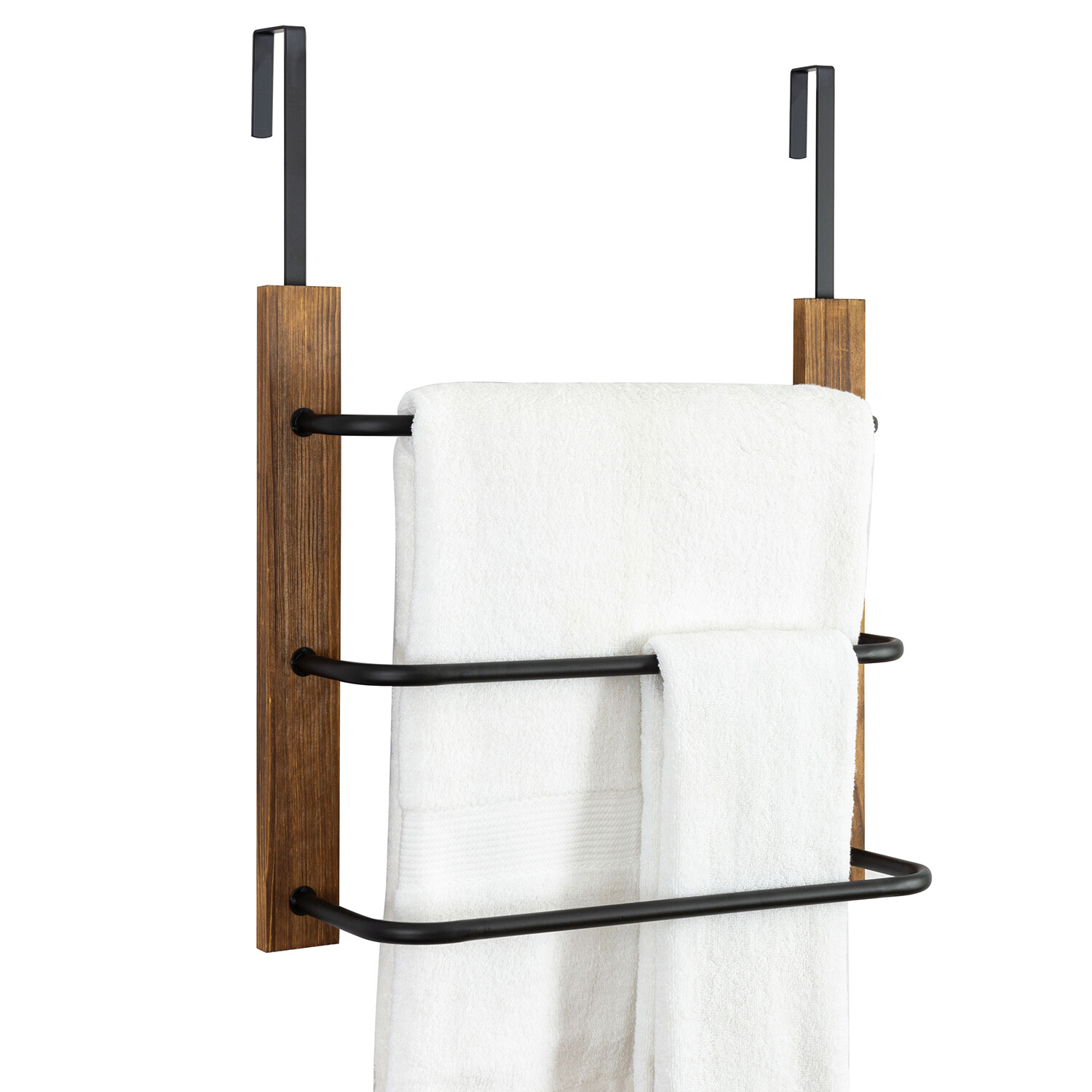 3 Tier Wood Matte Black Metal Space Saving Bathroom Door Hanging Towel Bar Rack