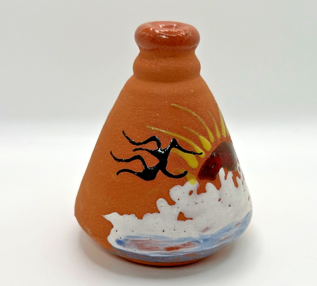 Vtg Miniature Pottery Jar Hand Painted Sun & Waves- Signed