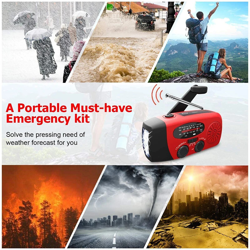 Emergency Solar Hand Crank Weather Radio 3000mAh Power Bank Charger Flash Light