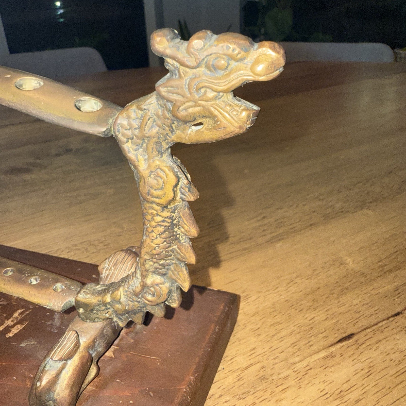 Vtg Chinese Metal Dragon Incense Burner Stand Wood Base Ornate Mythical Motif