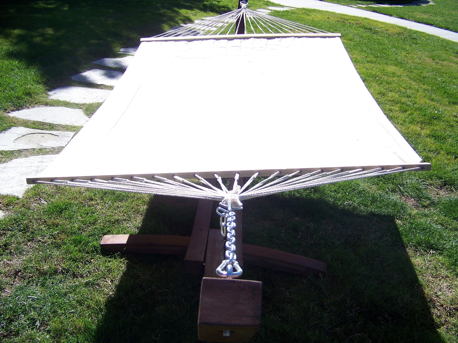 14' Coffee Stain Wooden Arc Hammock Stand + Quilted Beige Color Hammock Bed.