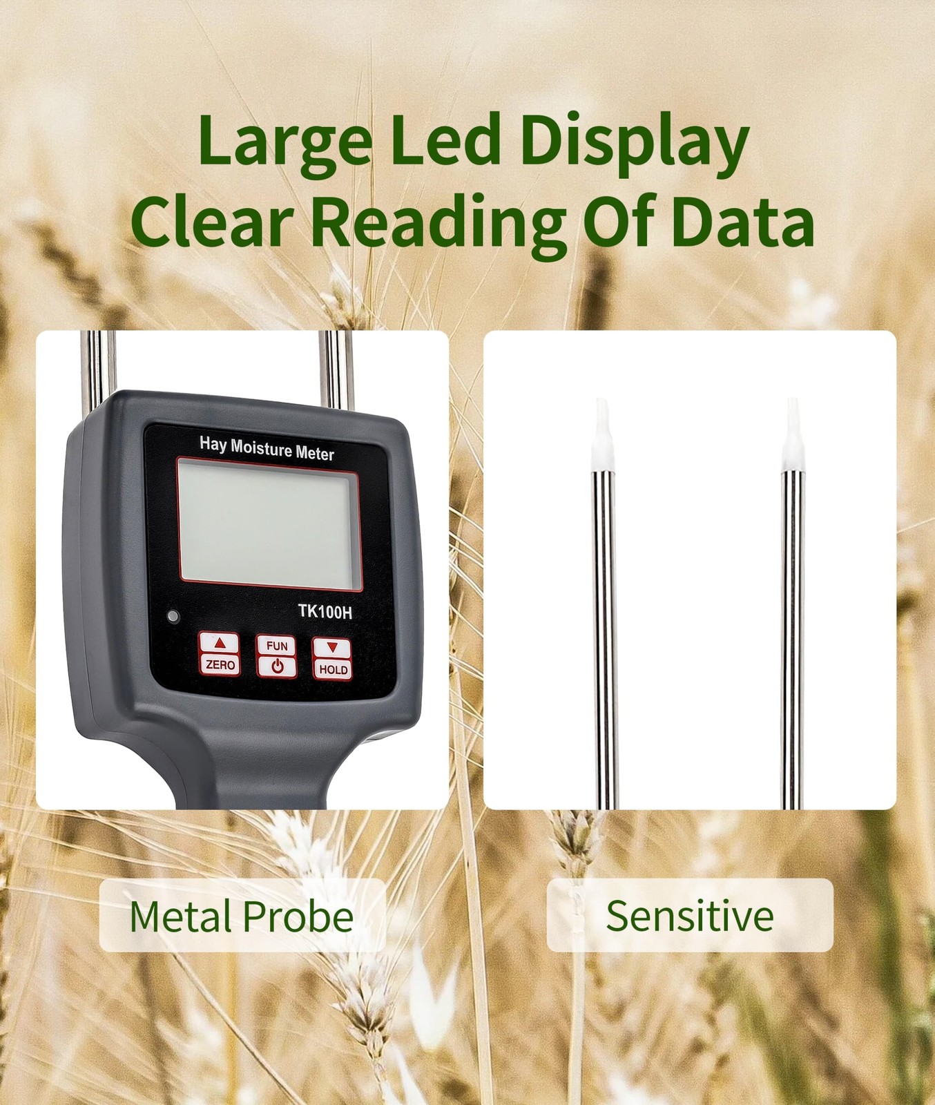 TK100H Portable Hay Meter, Hay Tester with Probe, Fast Measurements, for Cere...