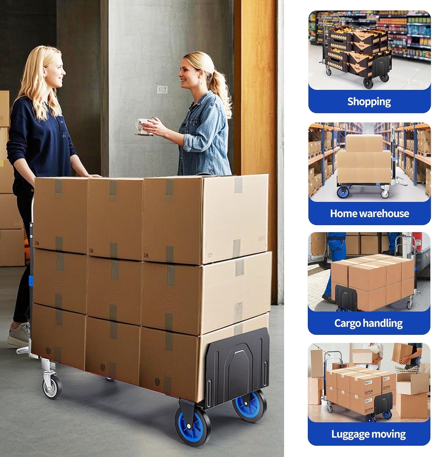 Aluminum Hand Truck 3 in 1 Folding Dolly Cart 660 lbs Capacity Heavy Duty