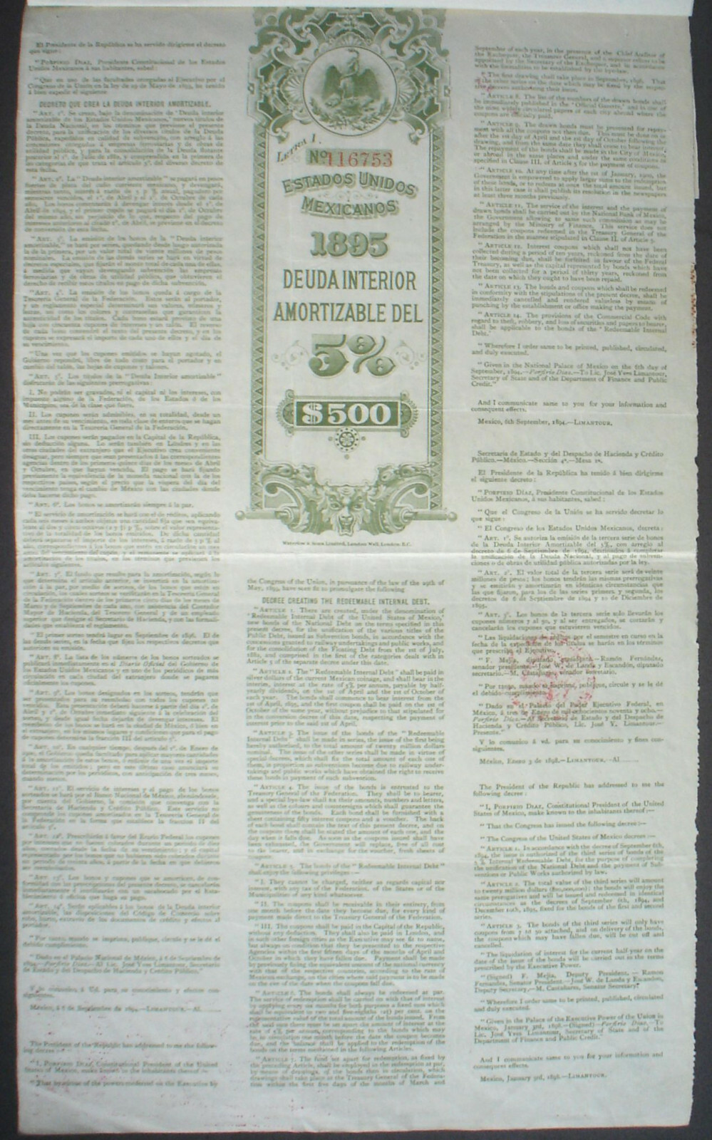 6 x ESTADOS UNIDOS MEXICANOS BONDS 5 x 500 + 1 x 1000$ = £100 + £200 uncanceled