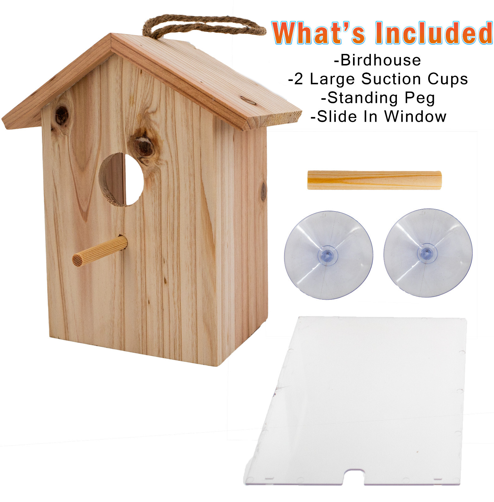 Wood Birdhouse See Through Window , Suction Cups, Lanyard Rope, Bird Nesting Box