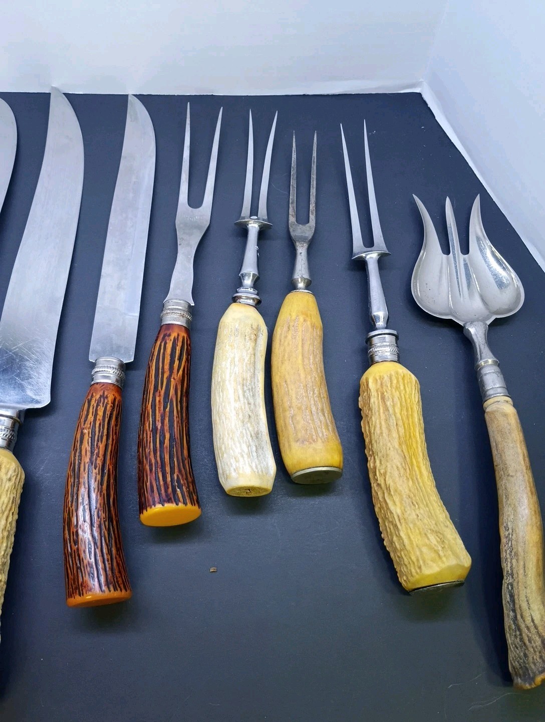 VINTAGE STAG HANDLE MIXED KITCHEN CARVING UTENSILS LOT