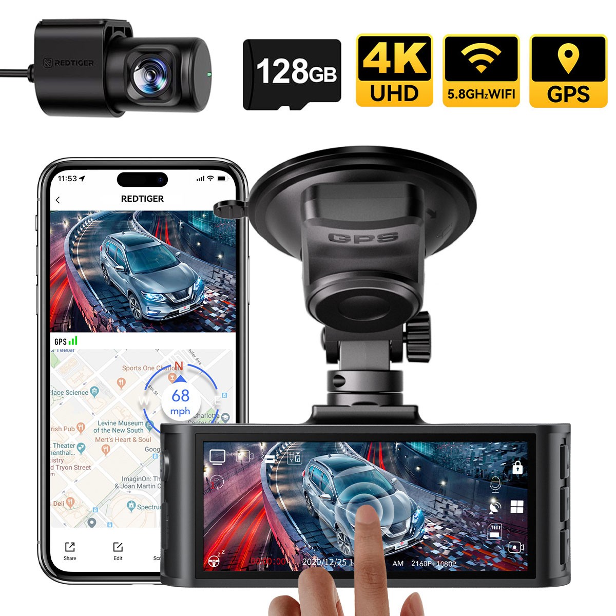 REDTIGER F7NT 128GB Card Voice Control 4K Dash Cam Front and Rear, Touch Screen