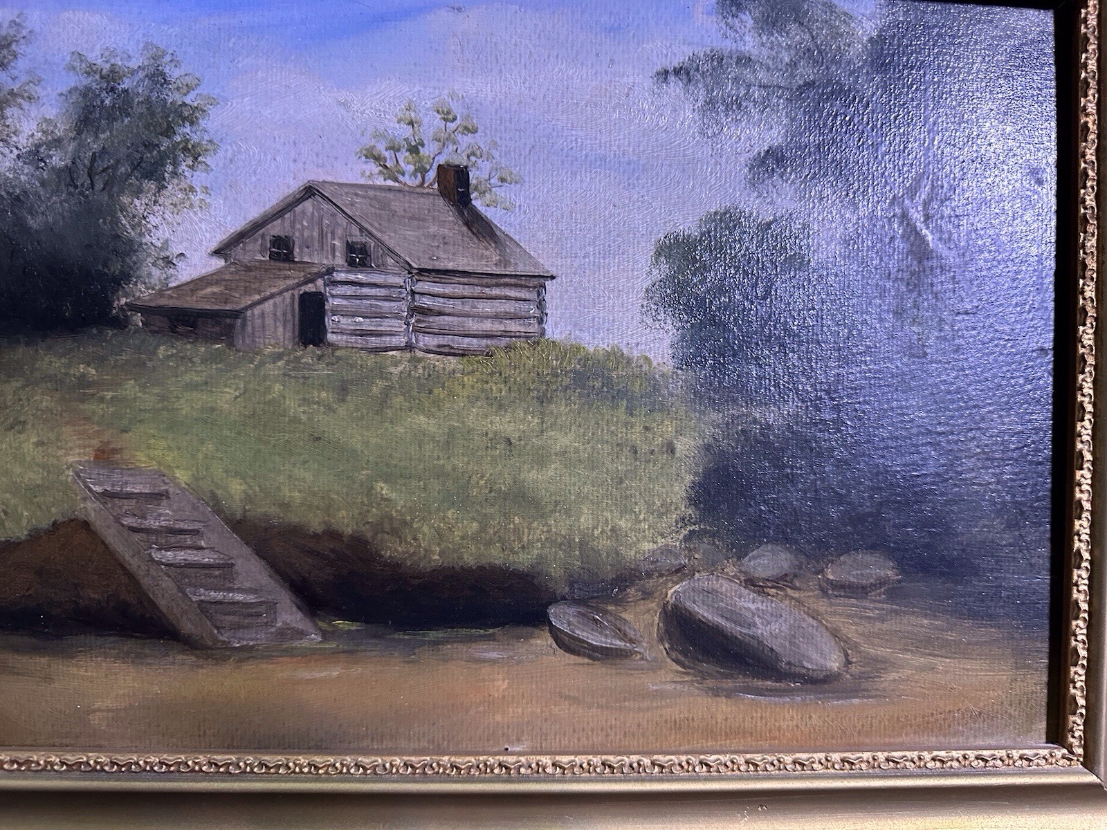 Antique American Folk Art Landscape Painting On Board Cabin In Woods