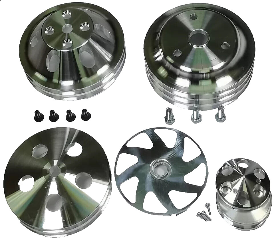 SBC Chevy Alum V BELT Pulley w/Bracket Kit & Long Water Pump Alternator PS Pump